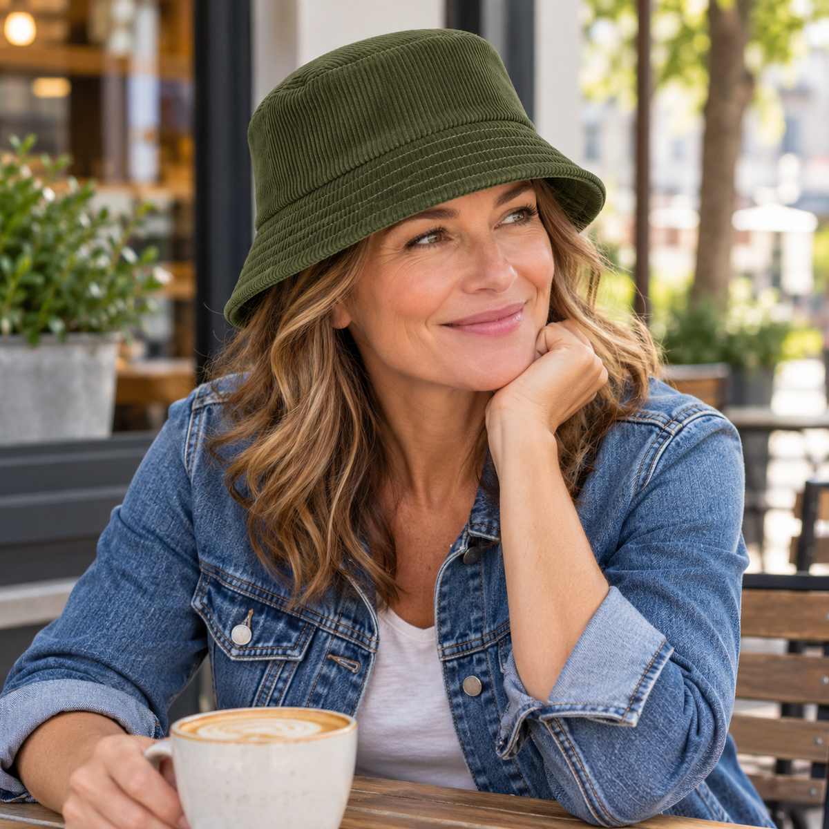 Olive bucket hat worn with denim jacket at neighborhood cafe