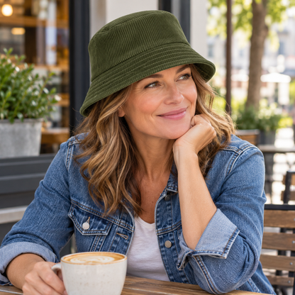 Olive bucket hat worn with denim jacket at neighborhood cafe