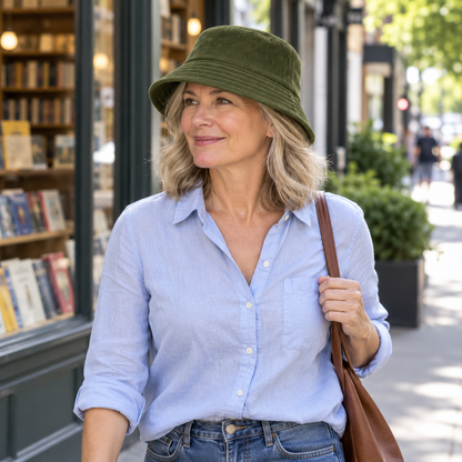 Olive bucket hat paired with pale blue shirt outside bookstore