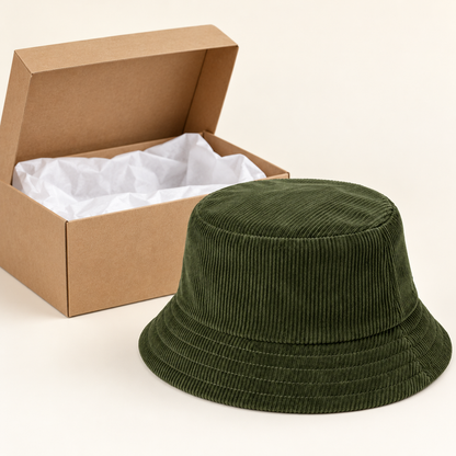 Olive bucket hat beside plain kraft box with tissue packaging