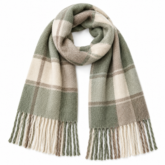 Sage plaid scarf white background