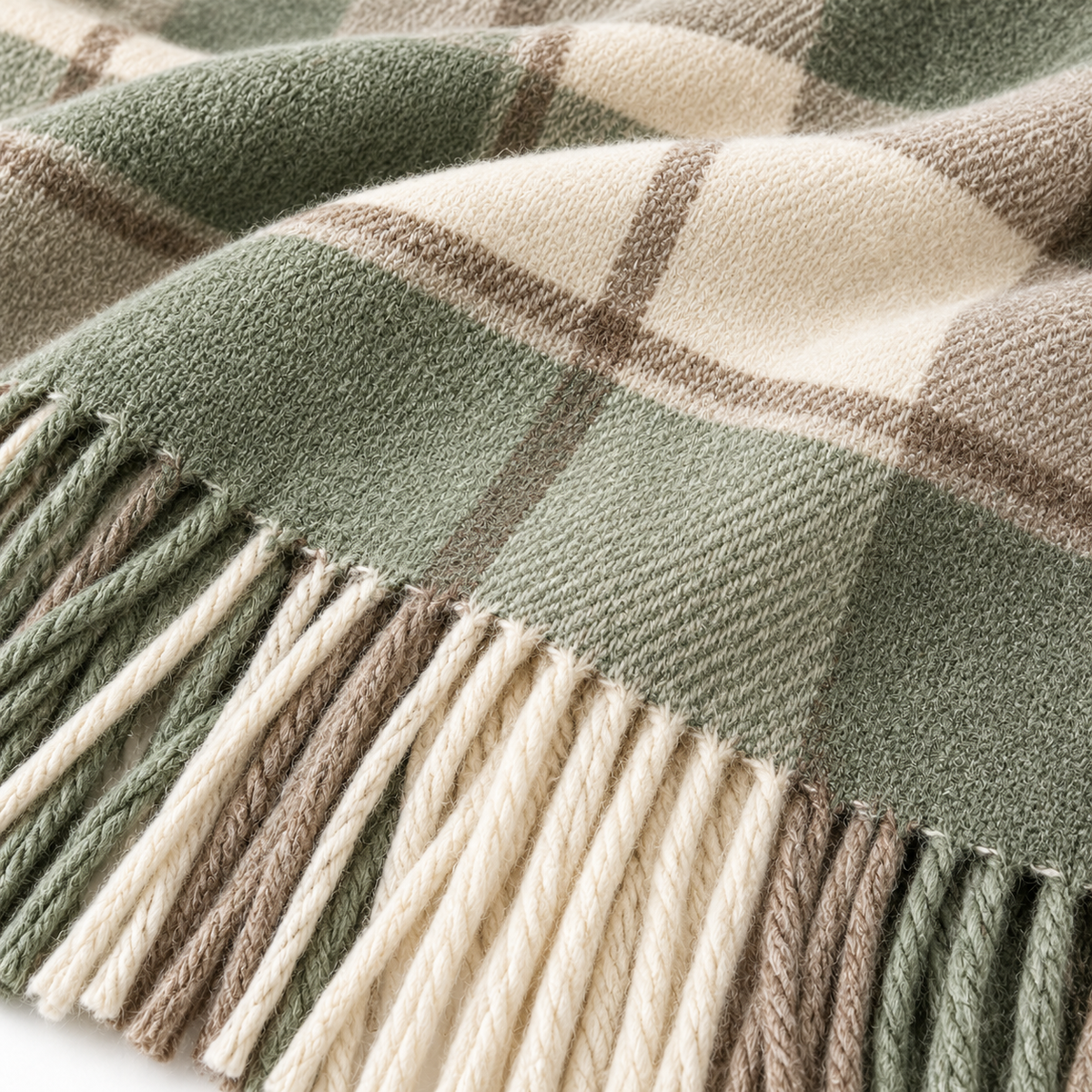 Close-up sage scarf texture and fringe