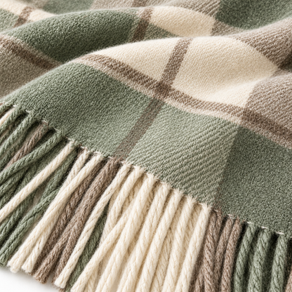 Close-up sage scarf texture and fringe