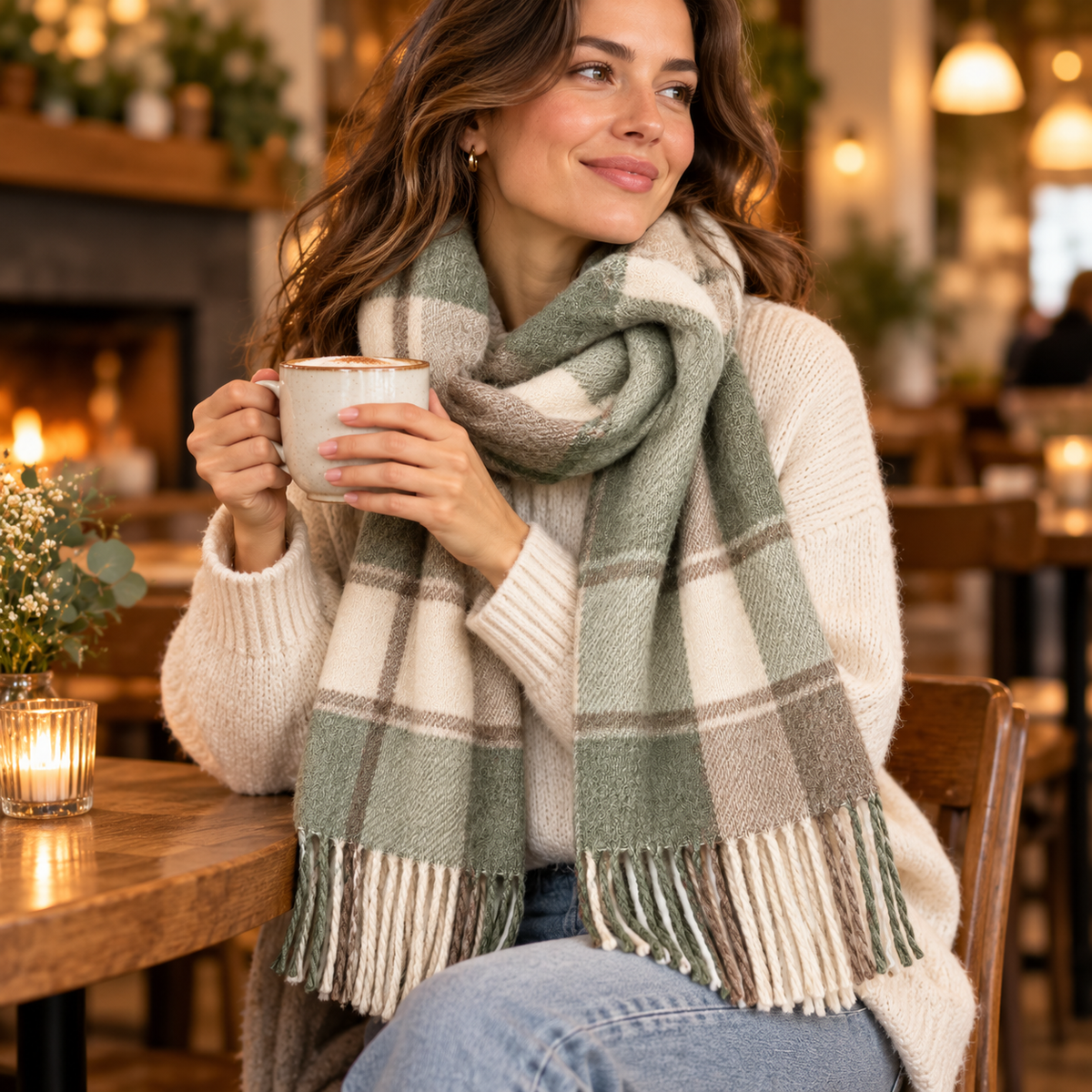 Woman wearing scarf in cafe