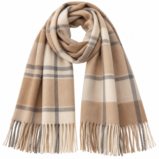 Camel and cream plaid scarf white background