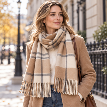 Woman wearing plaid scarf in autumn city