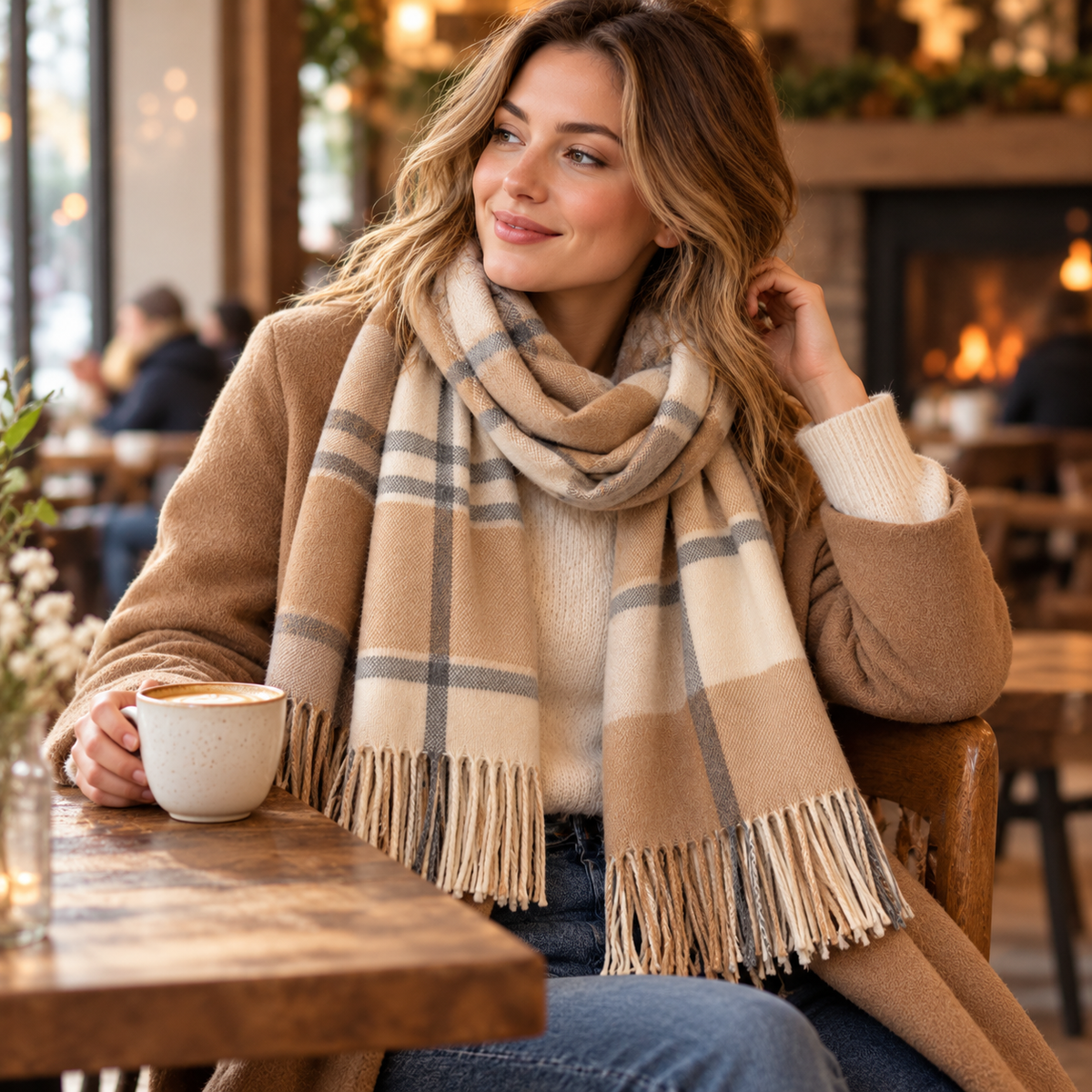 Woman wearing scarf in cozy cafe