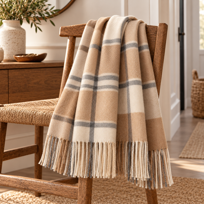 Plaid scarf draped on wooden chair