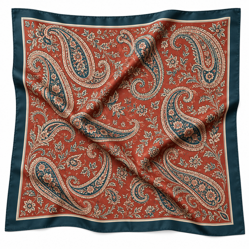 Terracotta cream and teal paisley square scarf on white background