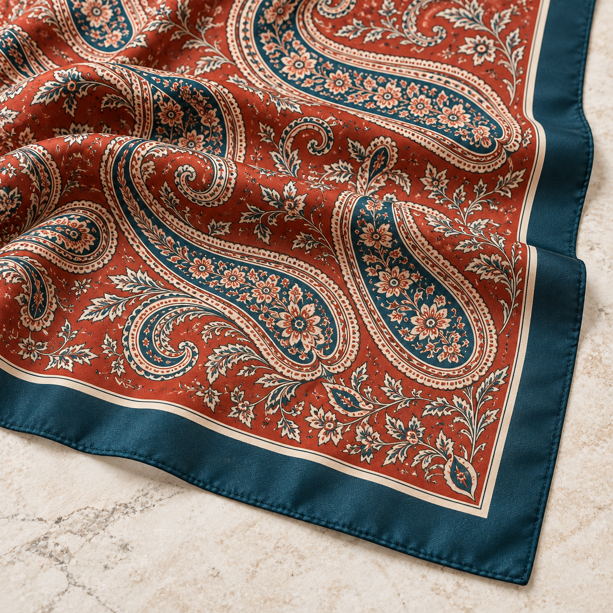 Paisley print and dark teal hemmed edge close-up