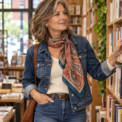 Paisley square scarf in loose side knot with denim jacket at bookstore