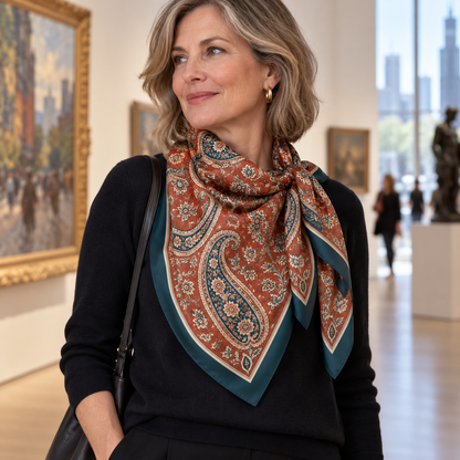 Terracotta paisley square scarf styled with dark top at art gallery
