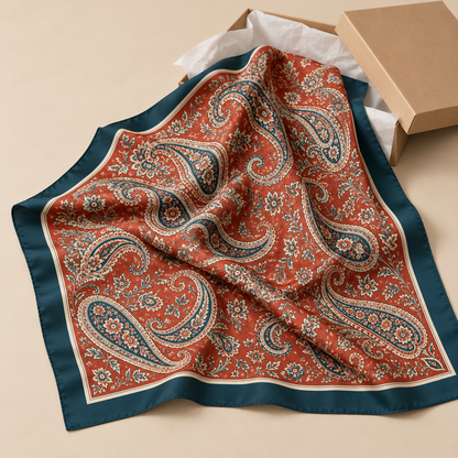 Terracotta paisley square scarf with unbranded kraft packaging