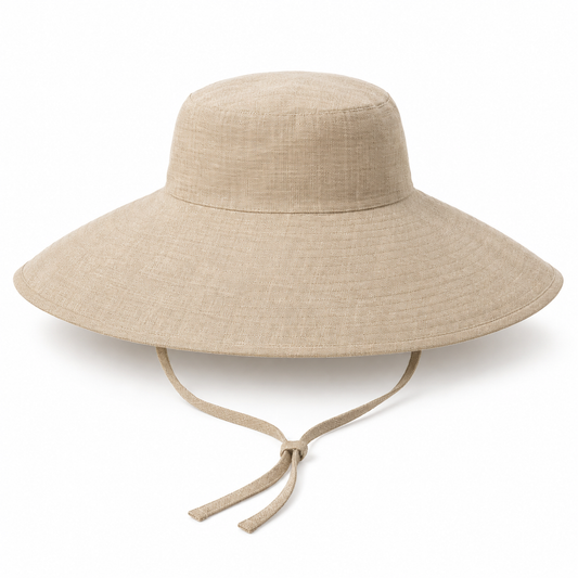 Sand Wide-Brim Tie Sun Hat — AI-generated white-background design visualization