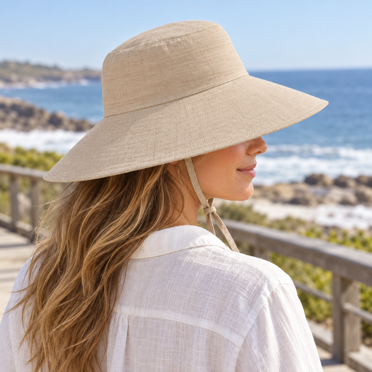 Sand Wide-Brim Tie Sun Hat — different model viewing angle (AI-generated design visualization)