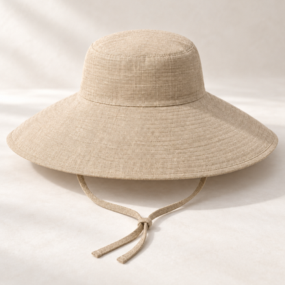 Sand Wide-Brim Tie Sun Hat — surface texture (AI-generated design visualization)