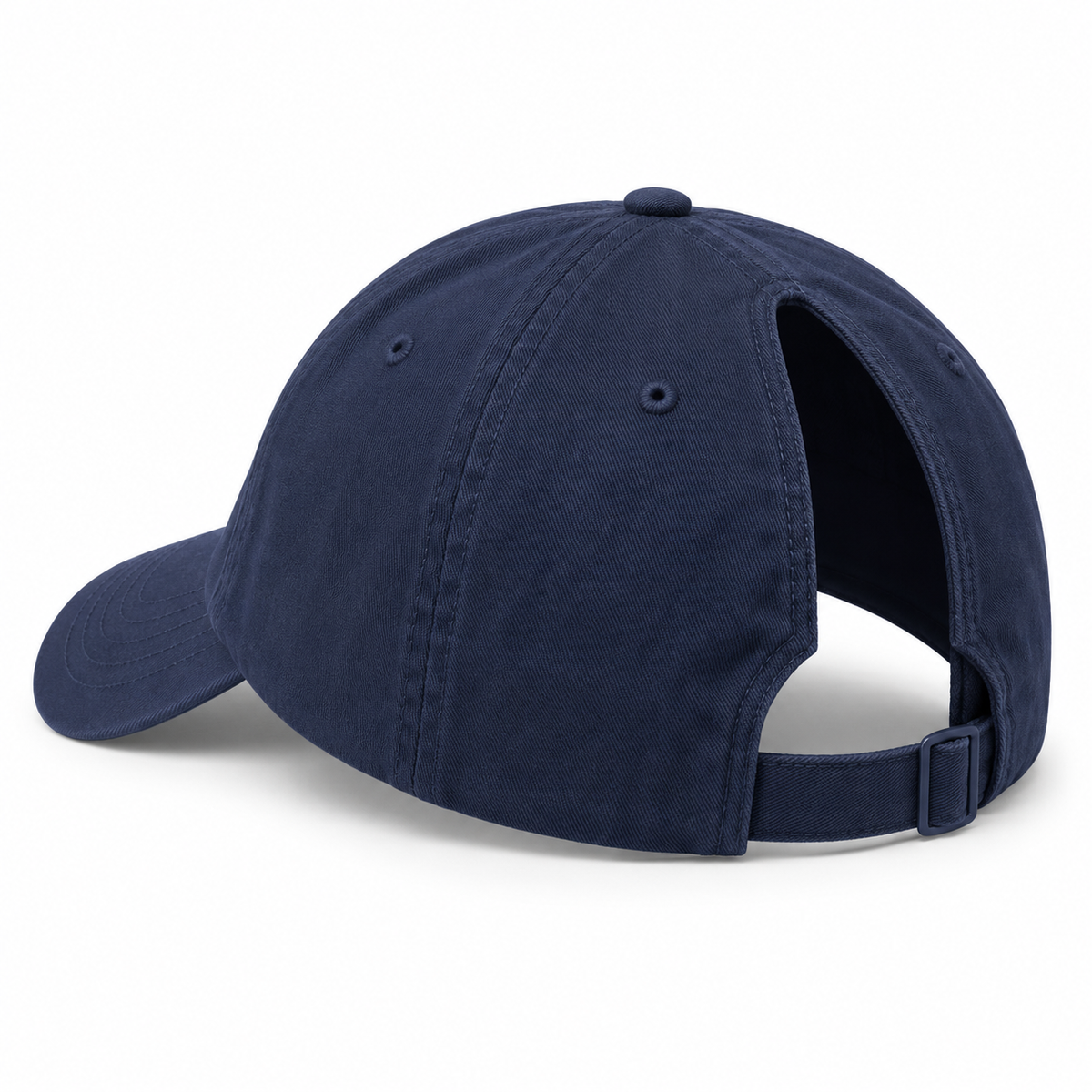 Navy High-Ponytail Everyday Cap — AI-generated white-background design visualization