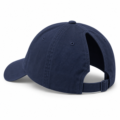 Navy High-Ponytail Everyday Cap — AI-generated white-background design visualization
