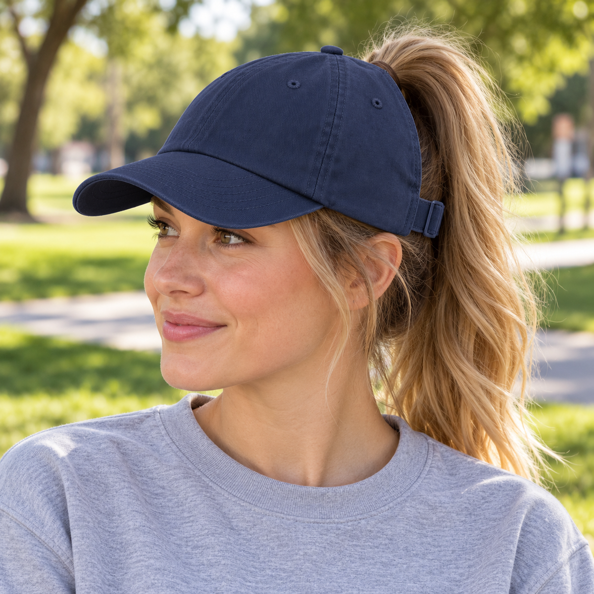 Navy High-Ponytail Everyday Cap — adult model in use (AI-generated design visualization)