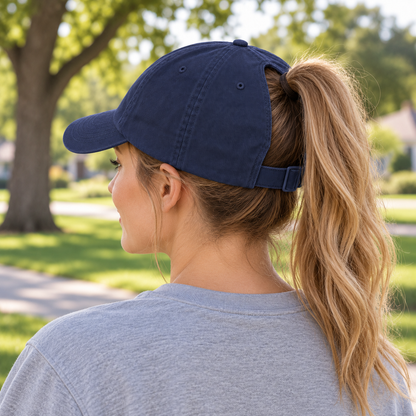 Navy High-Ponytail Everyday Cap — different model viewing angle (AI-generated design visualization)