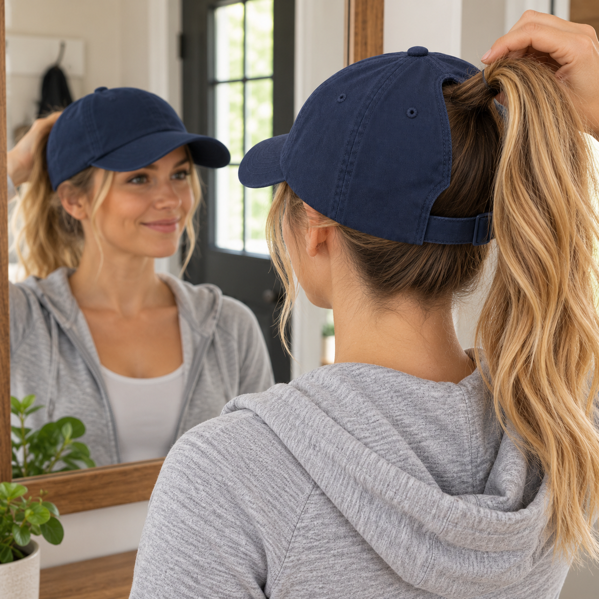 Navy High-Ponytail Everyday Cap — core use scene (AI-generated design visualization)