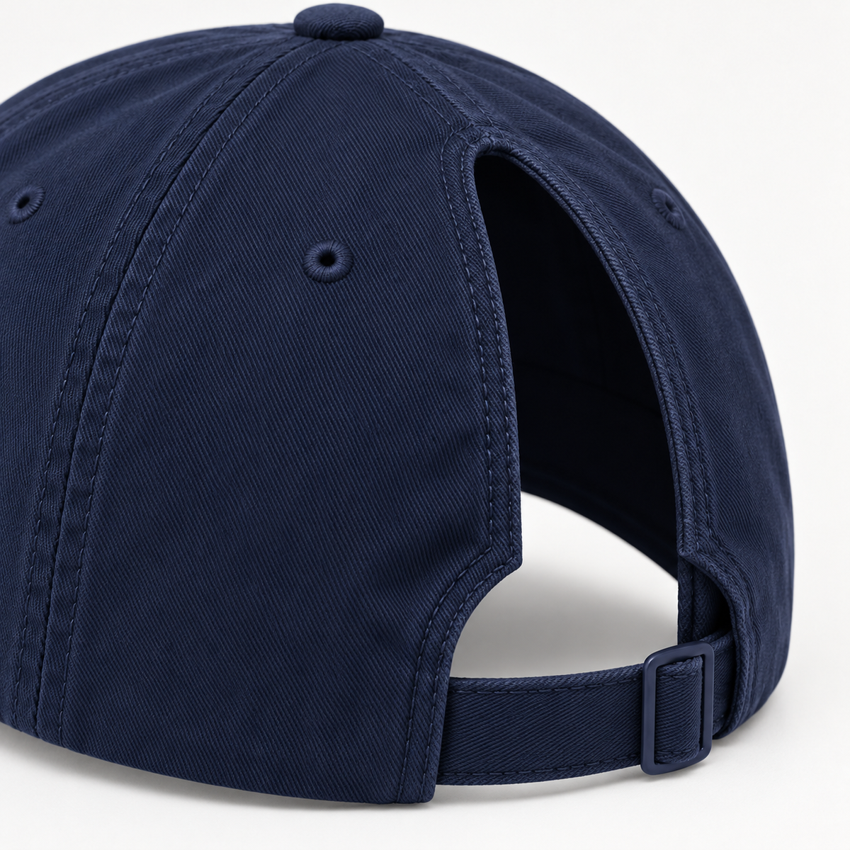 Navy High-Ponytail Everyday Cap — construction close-up (AI-generated design visualization)