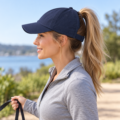 Navy High-Ponytail Everyday Cap — second lifestyle scene (AI-generated design visualization)