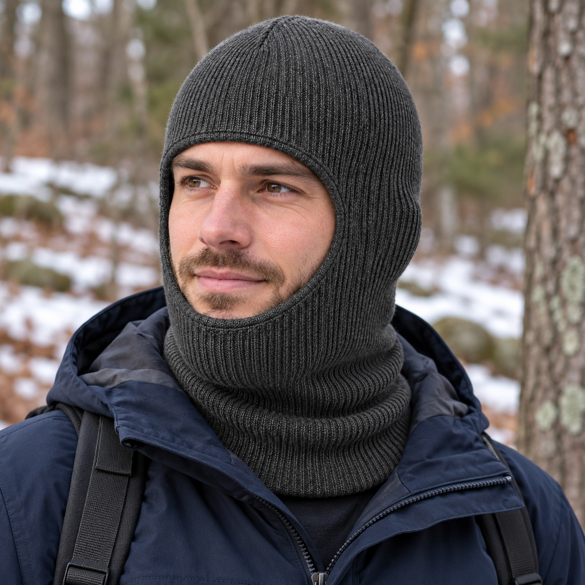 Charcoal Pull-On Knit Balaclava — adult model in use (AI-generated design visualization)