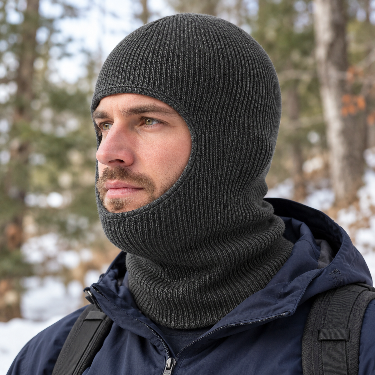 Charcoal Pull-On Knit Balaclava — different model viewing angle (AI-generated design visualization)