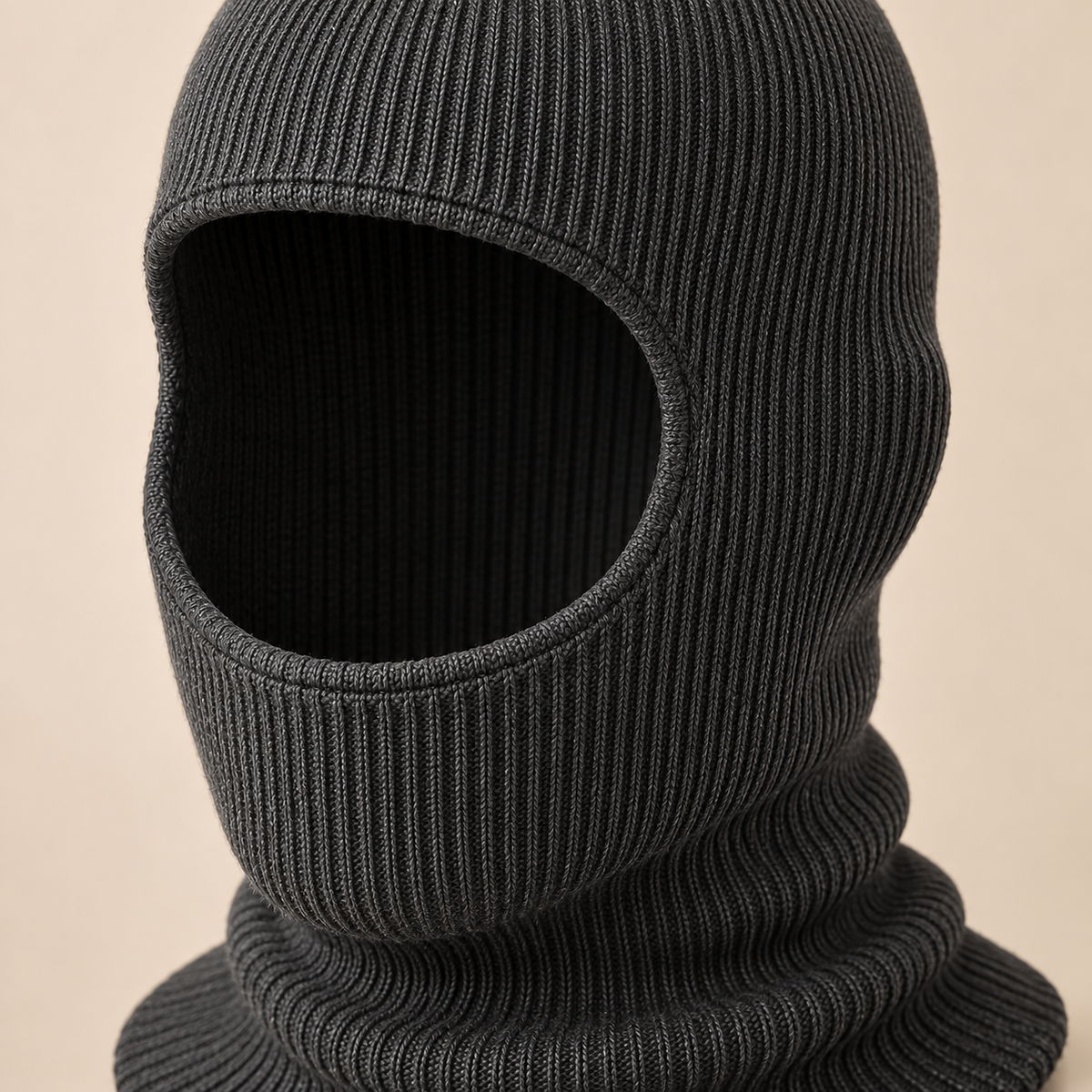 Charcoal Pull-On Knit Balaclava — construction close-up (AI-generated design visualization)