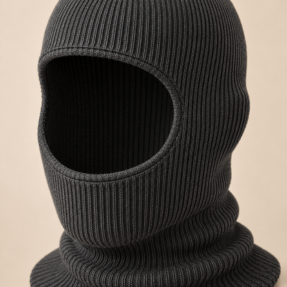 Charcoal Pull-On Knit Balaclava — construction close-up (AI-generated design visualization)