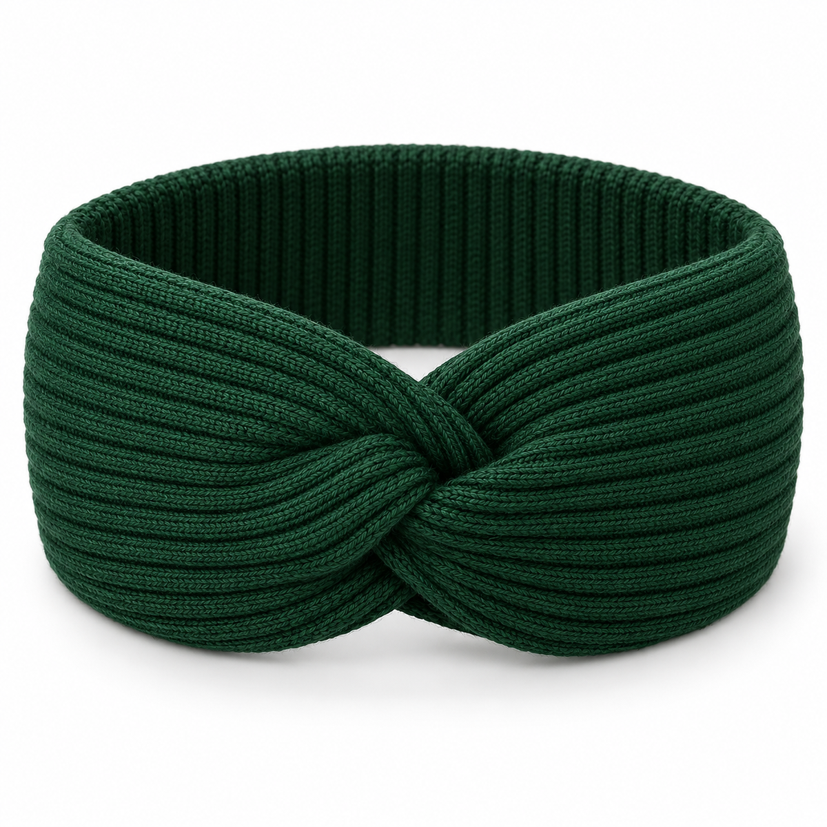 Forest-green twist-front rib-knit headband on white — AI design visualization