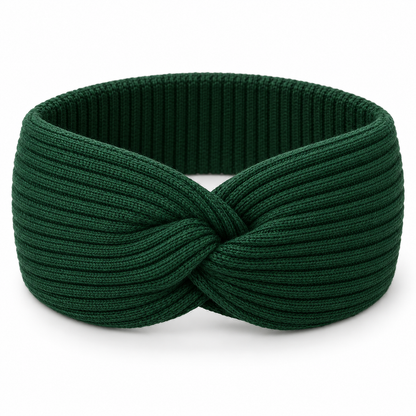 Forest-green twist-front rib-knit headband on white — AI design visualization