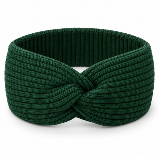 Forest-green twist-front rib-knit headband on white — AI design visualization