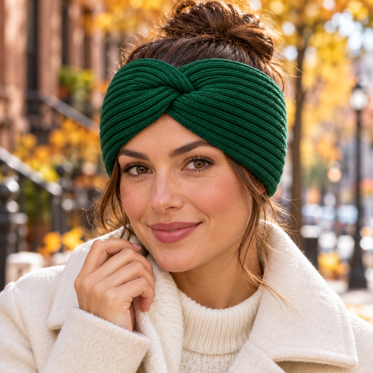 Front twist styling with hair bun — forest-green headband AI design visualization