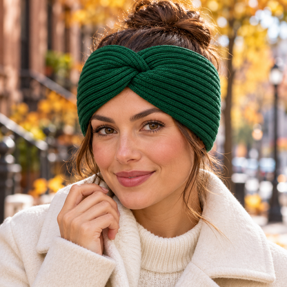 Front twist styling with hair bun — forest-green headband AI design visualization