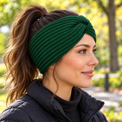 Side view showing open crown and ear coverage — forest-green headband AI design visualization