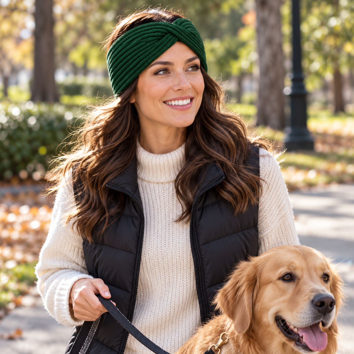 Park walk styling with dog — forest-green headband AI design visualization
