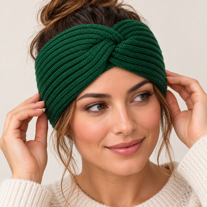 Center twist and knit detail during fit adjustment — forest-green headband AI design visualization