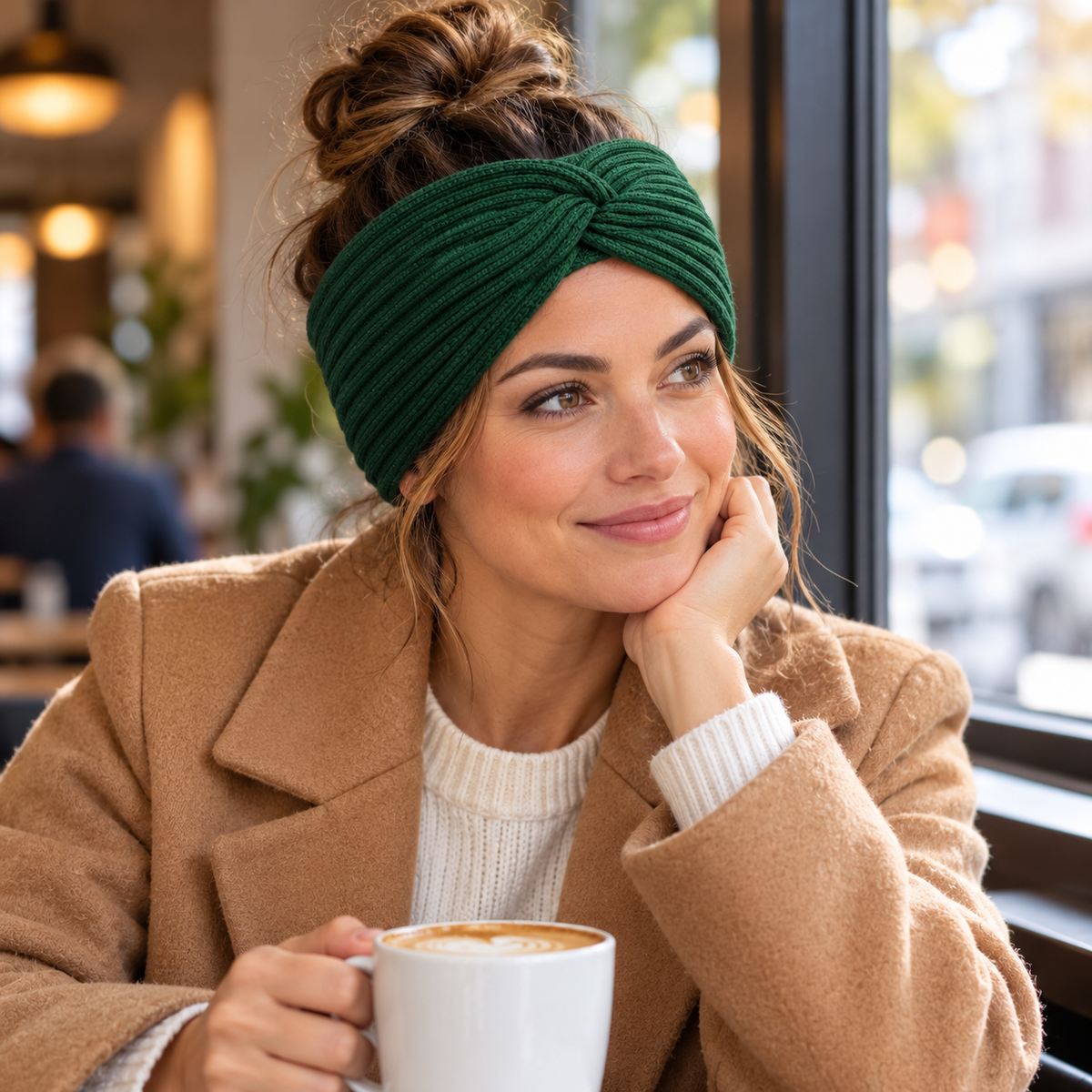 Cafe styling with hair bun — forest-green headband AI design visualization