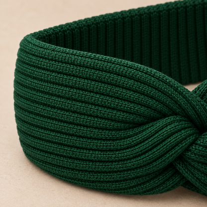 Rib-knit surface and finished edge macro — forest-green headband AI design visualization