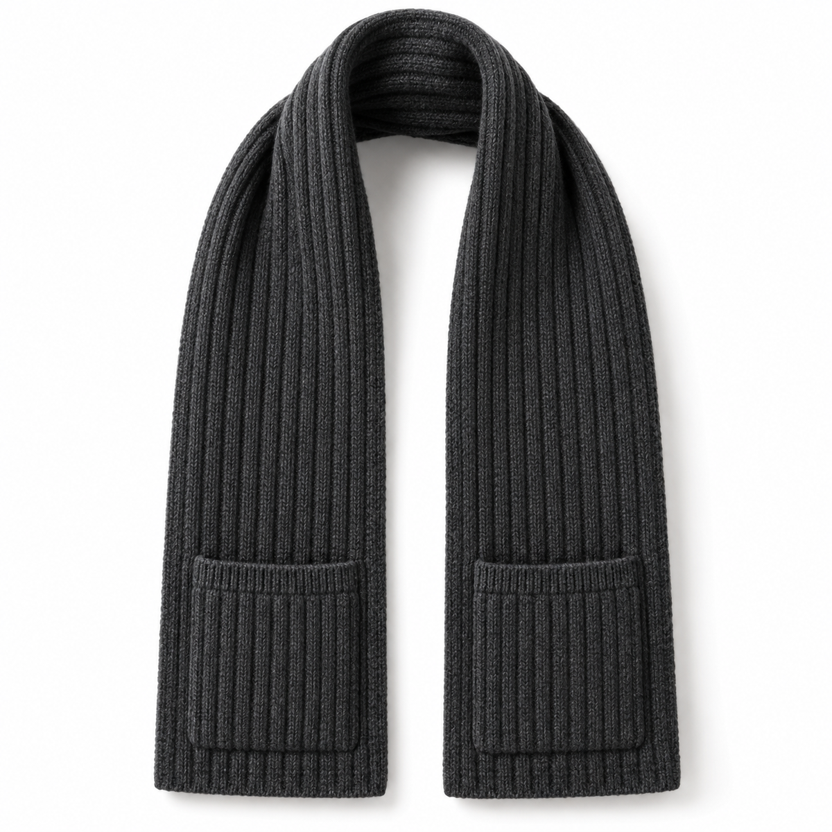 Charcoal rib-knit pocket scarf, white-background design visualization