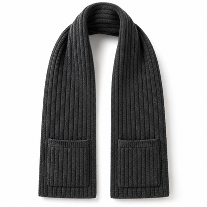 Charcoal rib-knit pocket scarf, white-background design visualization