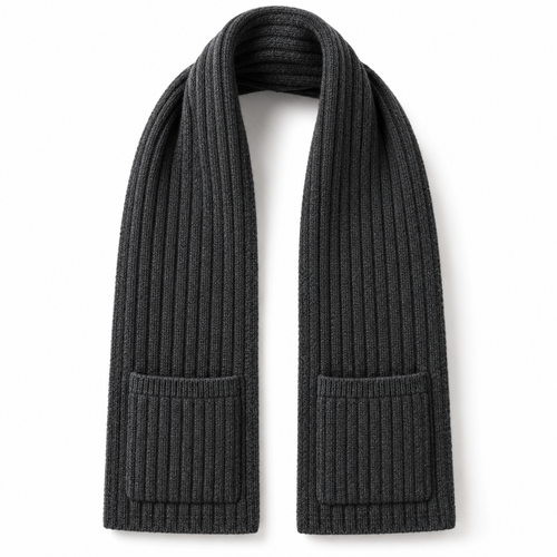 Charcoal rib-knit pocket scarf, white-background design visualization