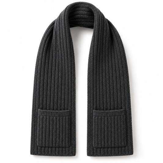 Charcoal rib-knit pocket scarf, white-background design visualization