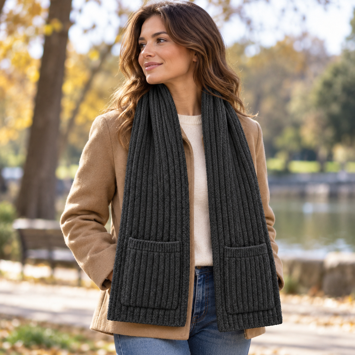 Three-quarter park styling of pocket scarf — AI design visualization