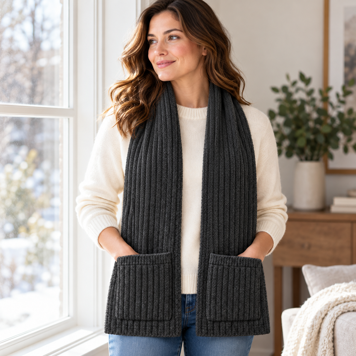 Pocket scarf styled at a home window — AI design visualization