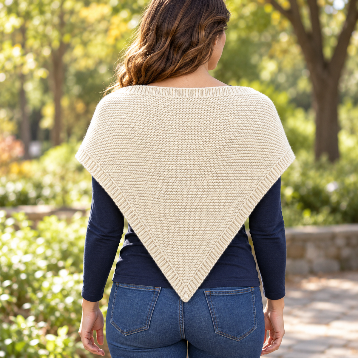 Rear triangular silhouette — cream triangular shawl AI design visualization