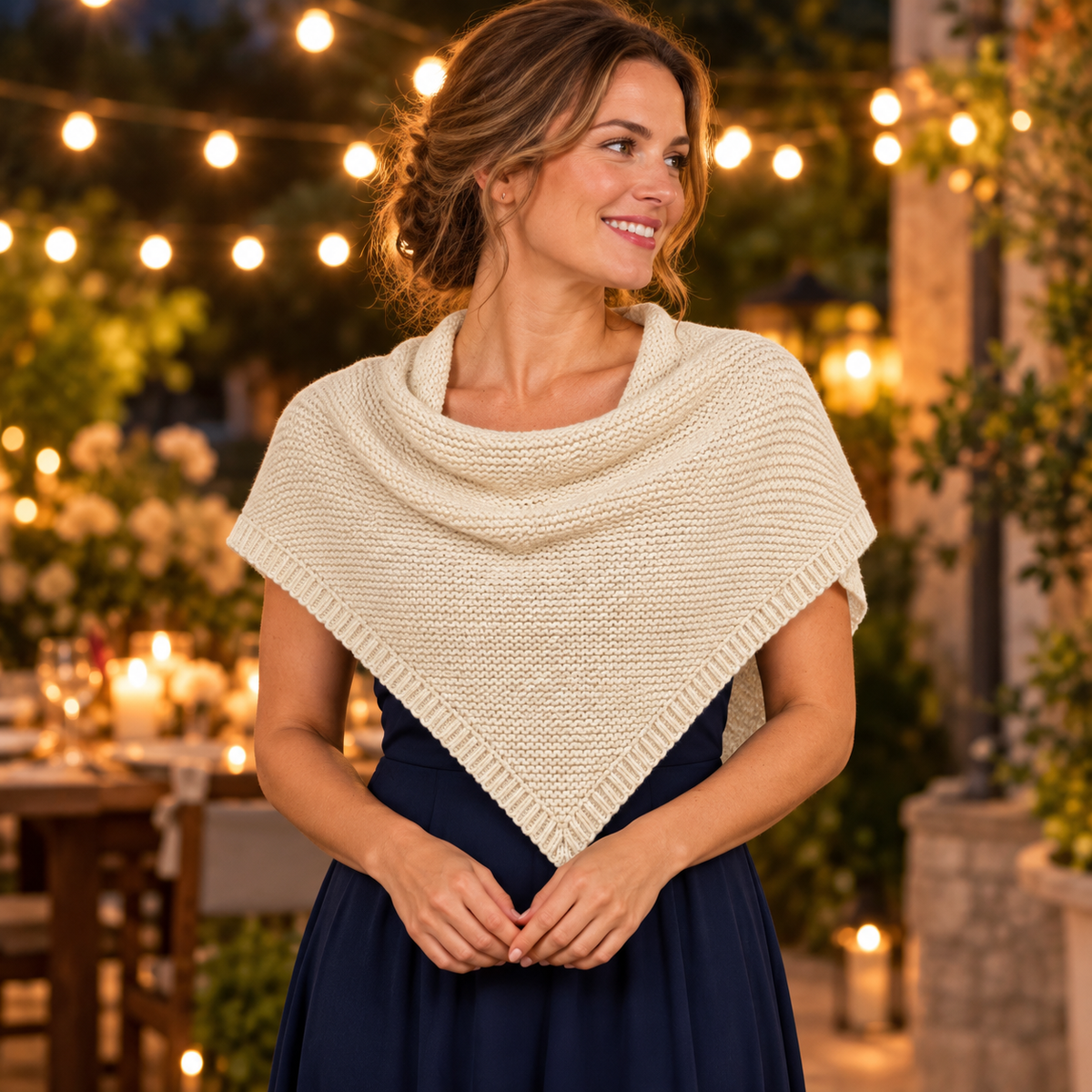 Evening wrap styling — cream triangular shawl AI design visualization