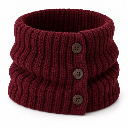 Burgundy three-button rib-knit cowl on white — AI design visualization